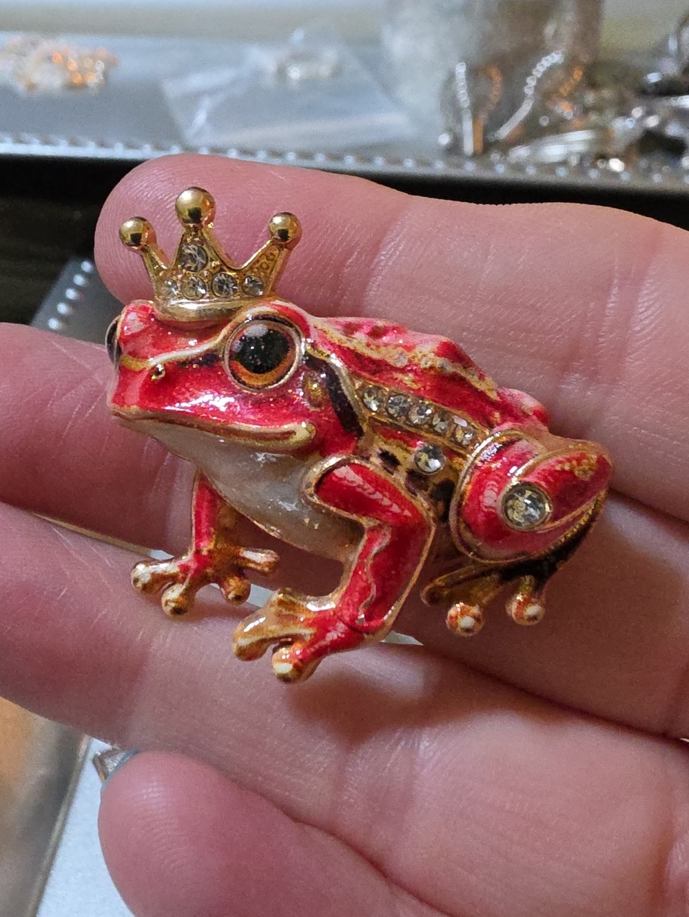 A57- Decorative Red & Gold Jeweled Frog Brooch